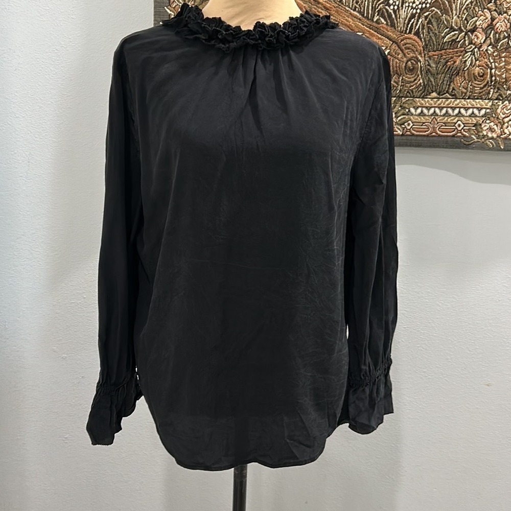 J. Crew Silk‎ Ruffle Neck Long Sleeve Black Blouse Top S-M